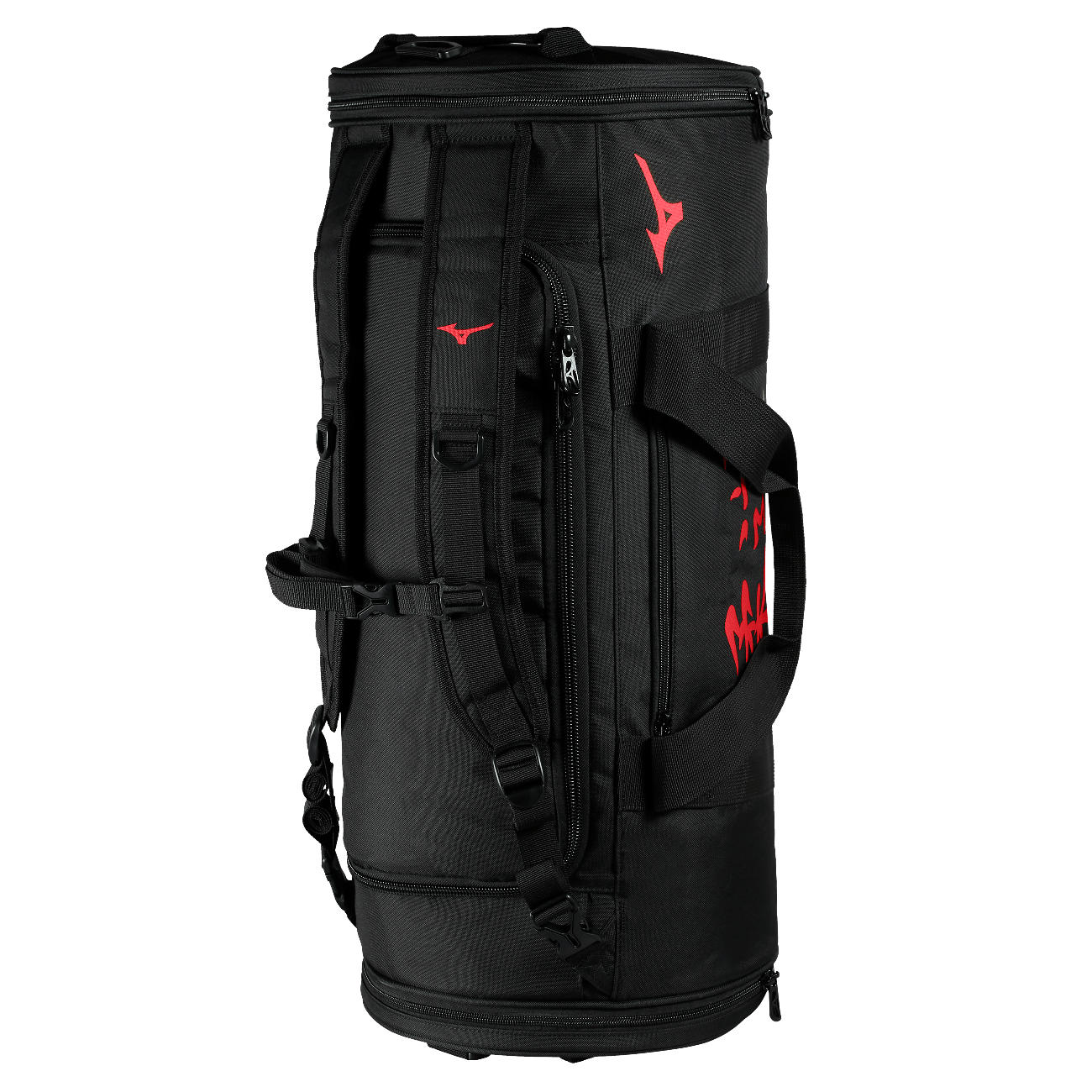 Black Mizuno Judo sports bag with red logo, multiway straps, and multiple compartments for organized storage