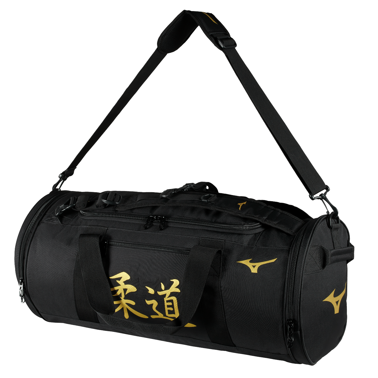 Black Mizuno Judo sports bag with gold Japanese lettering and adjustable shoulder strap