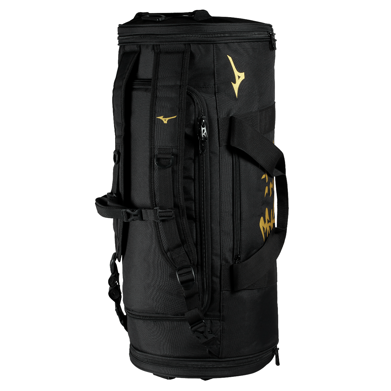 Black Mizuno Multiway Judo sports bag with gold logo and Japanese judo markings, large central compartment and backpack straps