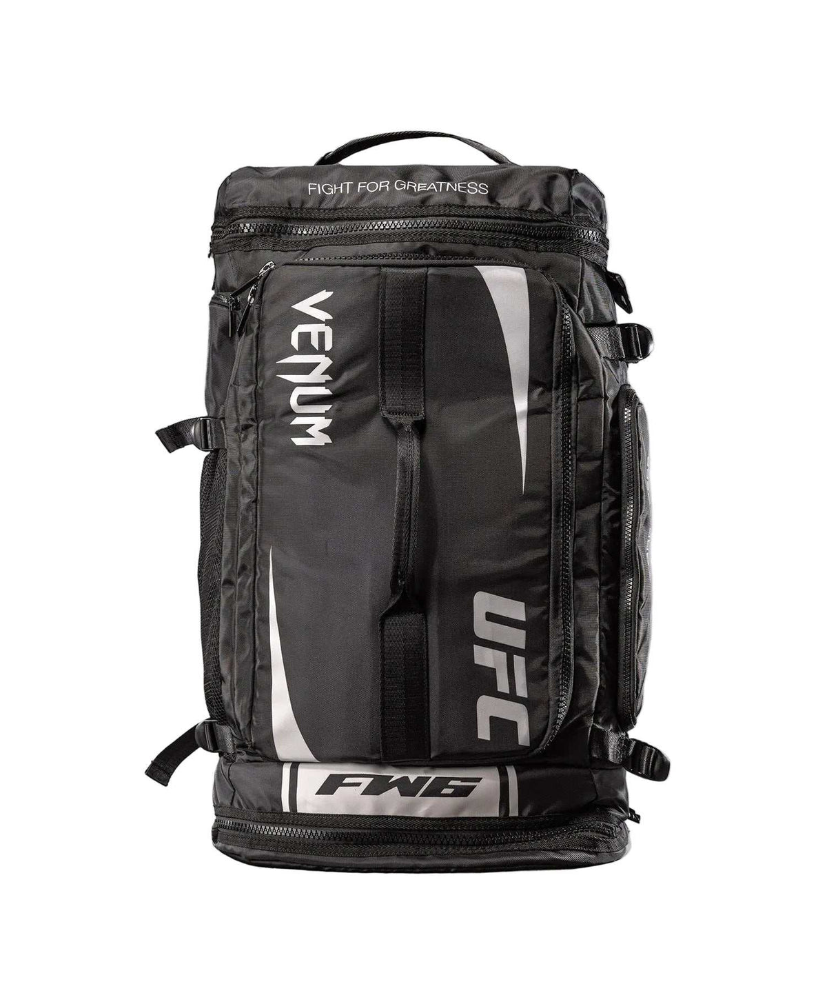 Sac de Sport convertible noir en polyester texturé, avec bandes blanches, logos UFC et Venum, sangles latérales et compartiments zippés.