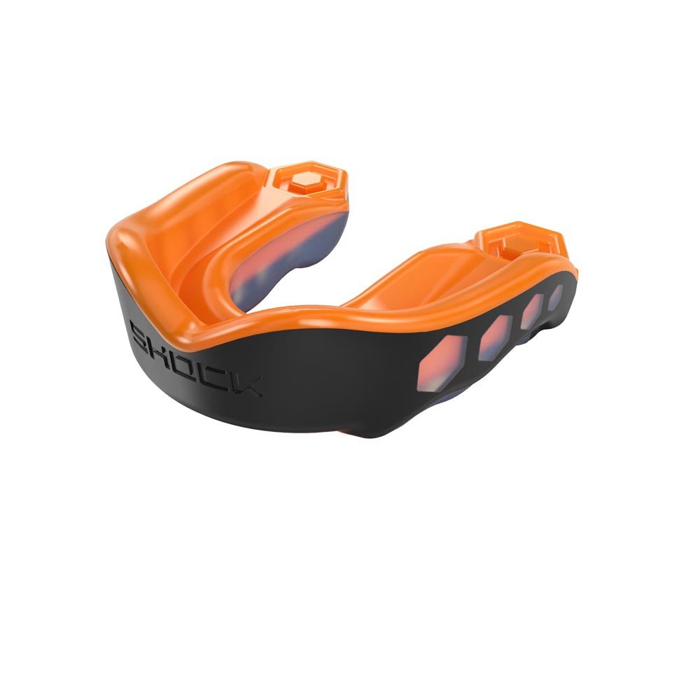 Protège-dents Shock Doctor Gel Max adulte noir et orange avec gel absorbant et noyau dur pour protection bucco-dentaire optimale