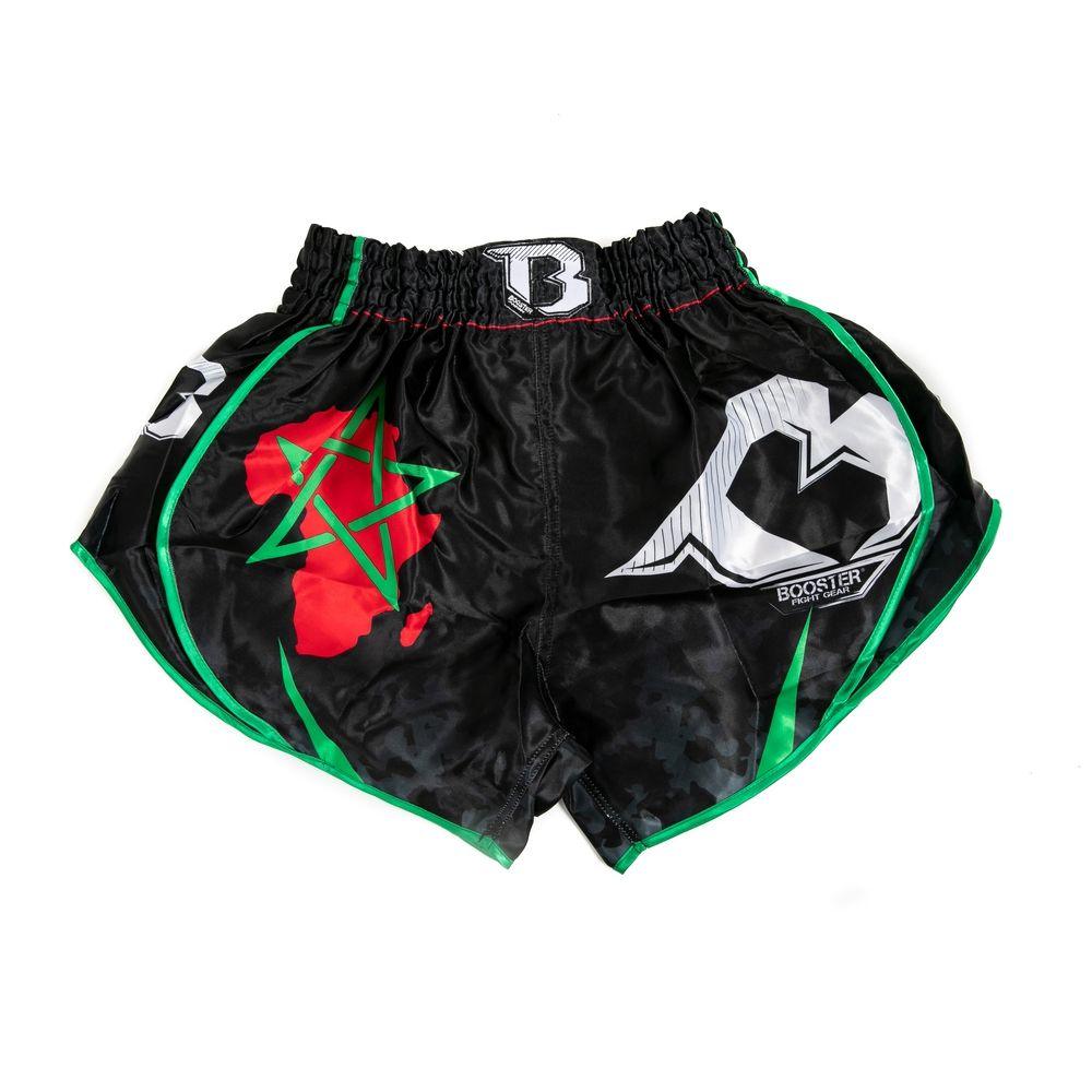 Black Shorts Muay Thai Booster with green trim and Morocco-themed design