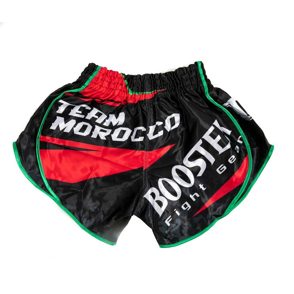 Black and red satin Muay Thai shorts with "Team Morocco" and "Booster Fight Gear" logos and green trim