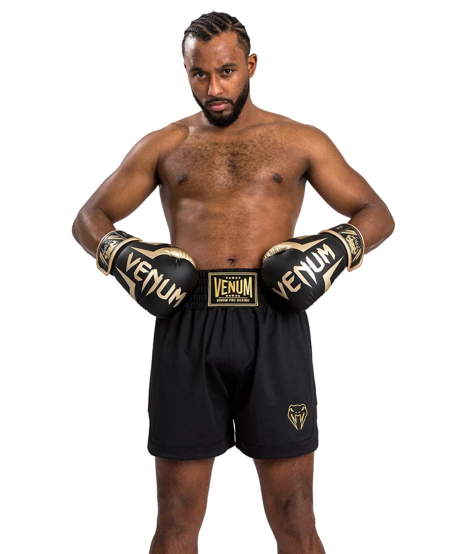 Short de boxe Venum Classic noir or avec broderies dorées et ceinture large traditionnelle