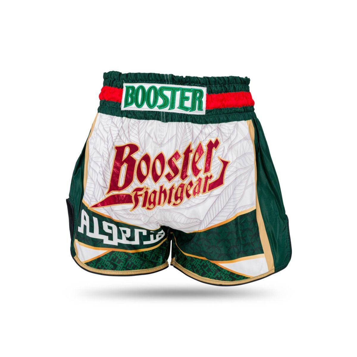 Muay Thai shorts in Algerian colors with Booster Fight Gear logo and elastic waistband