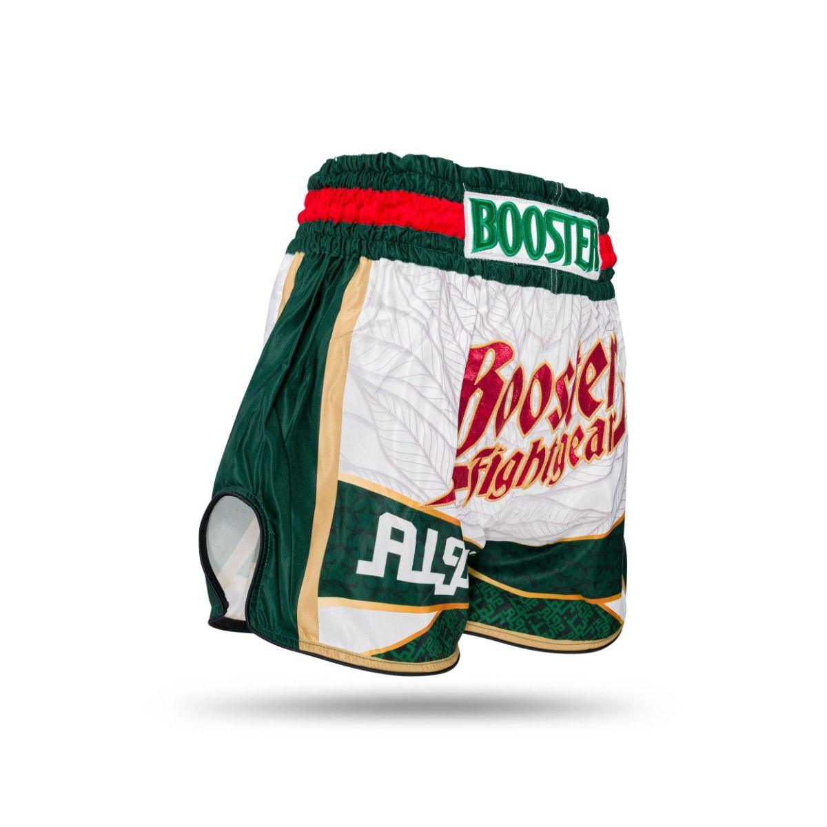 Muay Thai shorts in green, white, and red with Booster Fight Gear logo and Algerian design, satin fabric with elastic waistband and drawstring.
