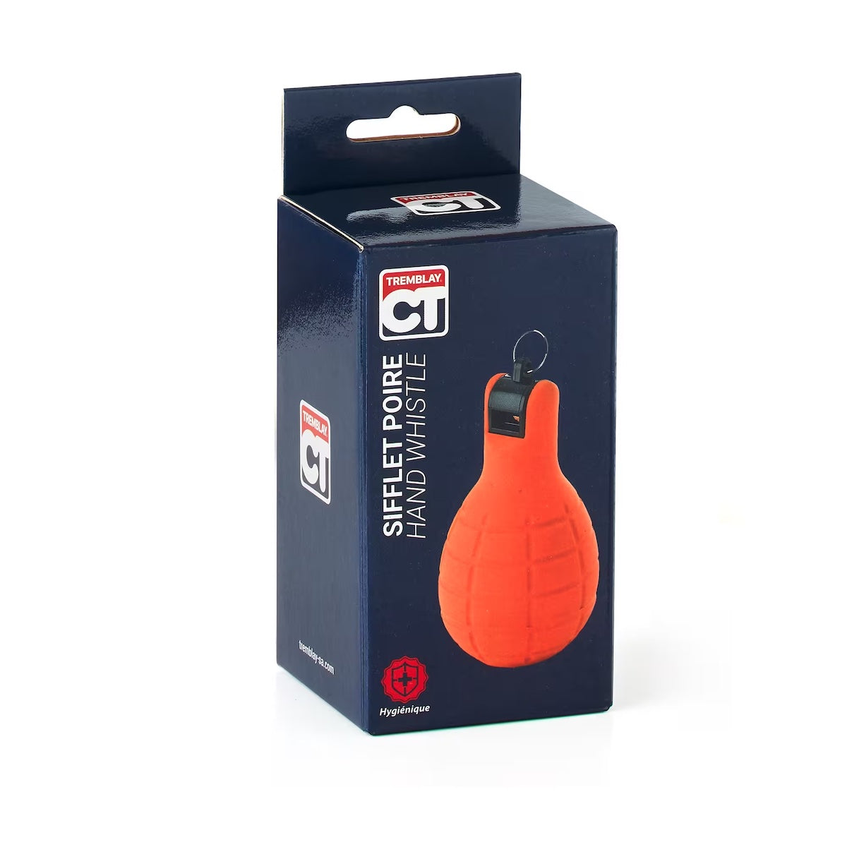 Sifflet hygiénique à main Tremblay orange en silicone avec emballage bleu pour coaching sportif et arbitrage.