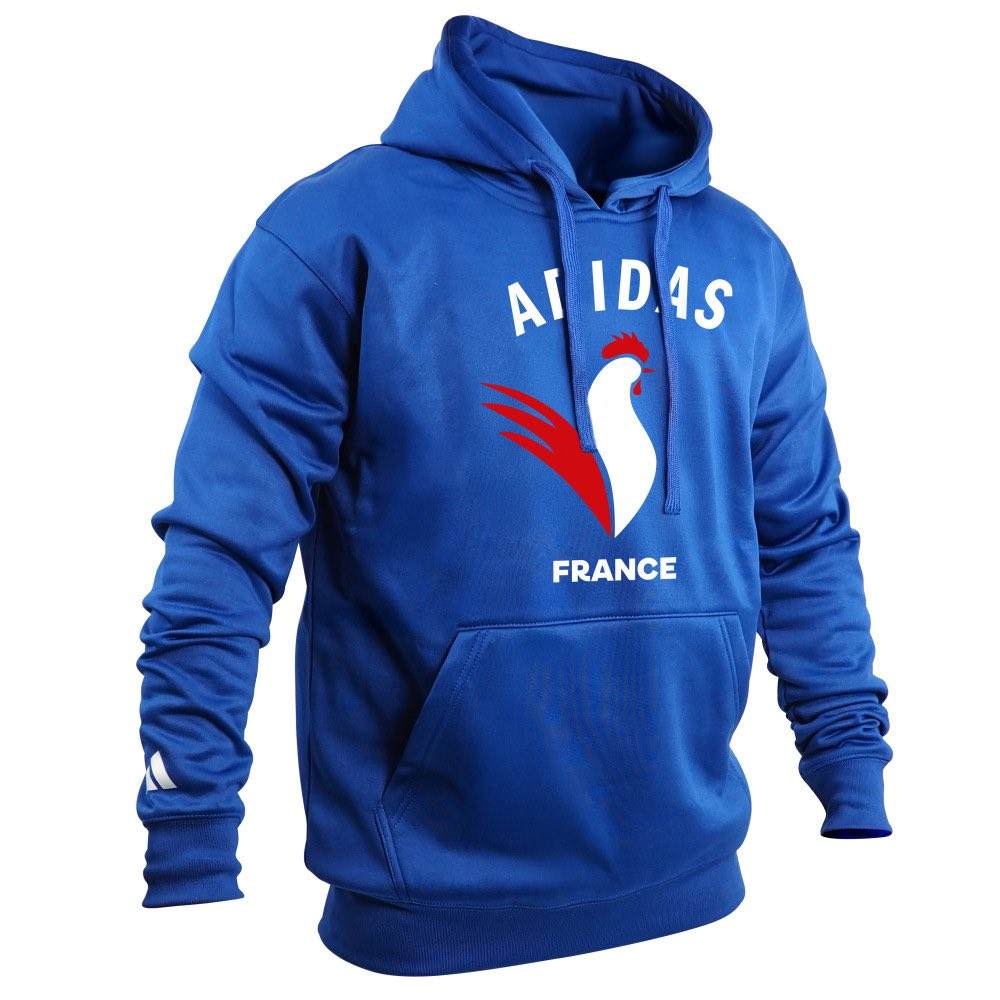 Sweat-shirt adidas Community Line bleu avec capuche et sérigraphie Coq France pour judo