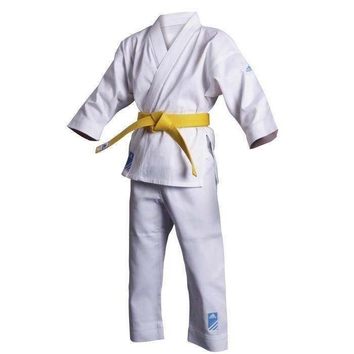 White Adidas Kimono de Karaté évolution enfant with yellow belt, adjustable sleeves and pants designed for growing kids.