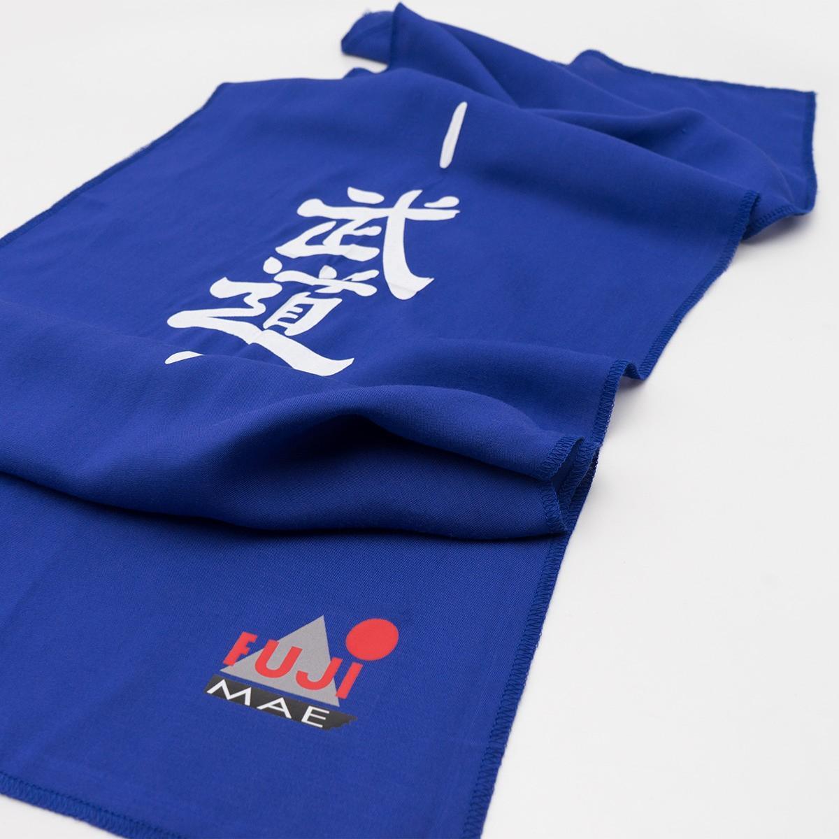 Blue Tenugui Kendo FUJIMAE traditional cotton scarf with white Japanese characters and FUJIMAE logo for martial arts practice