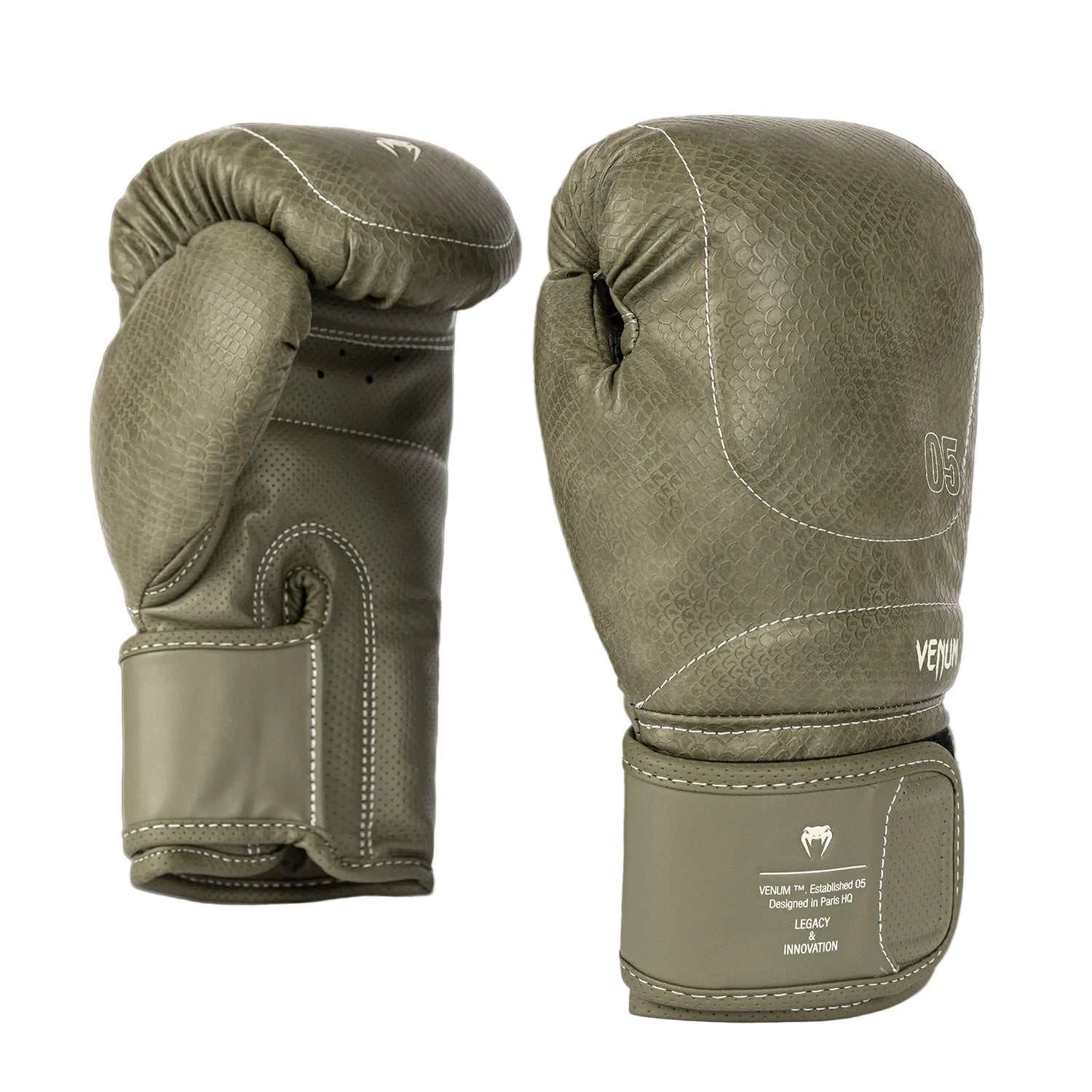 Gants de boxe Venum Impact Evo Scales vert armée en cuir Skintex avec mousse triple densité et ventilation optimale