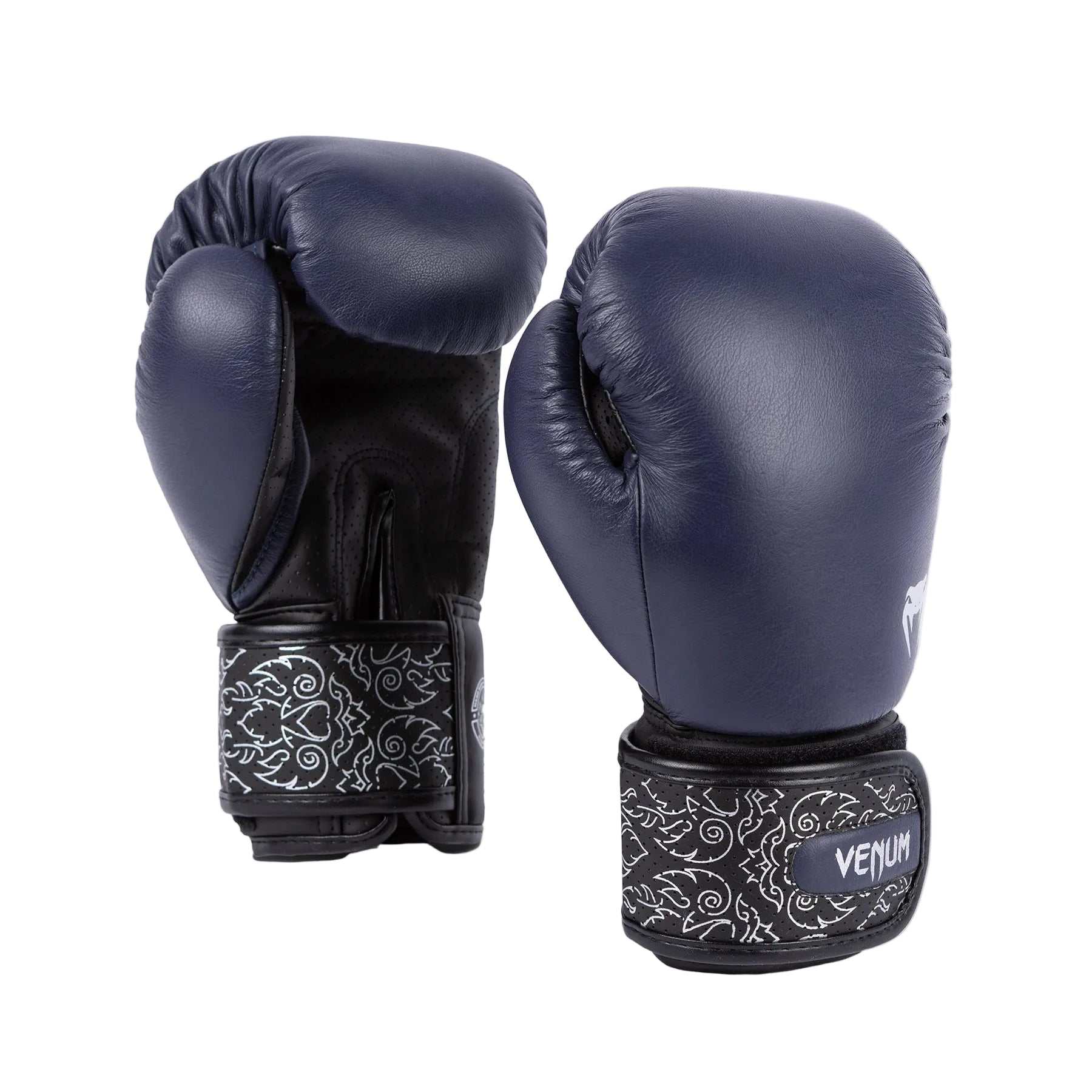 Gants de boxe Venum Power 2.0 en cuir Nappa bleu marine et noir, absorption choc élevée, ventilation paume et pouce, usage intensif boxe et Muay Thaï