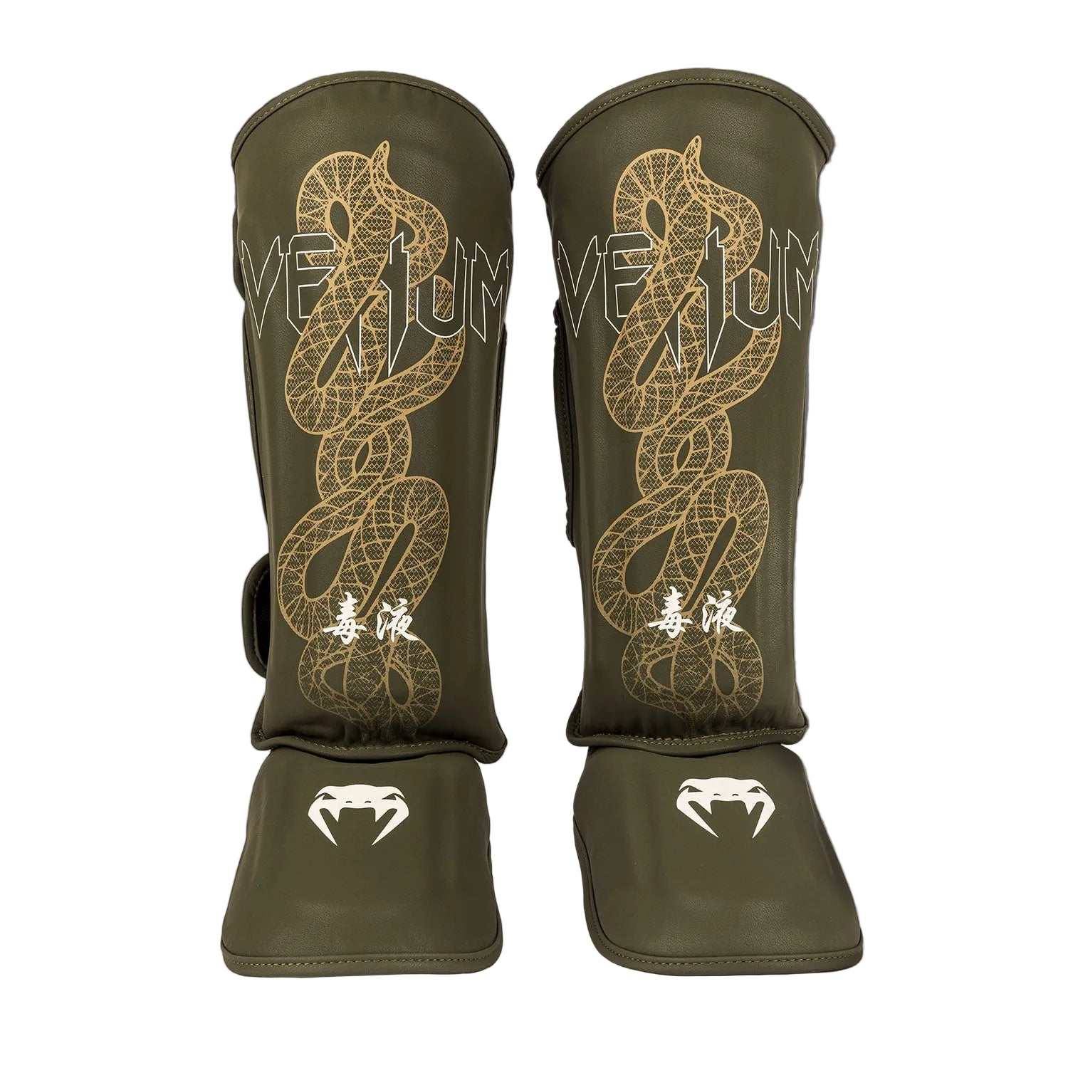 Protège-tibias Venum Serpenti kaki bronze ivoire en cuir PU pour Muay Thaï et MMA