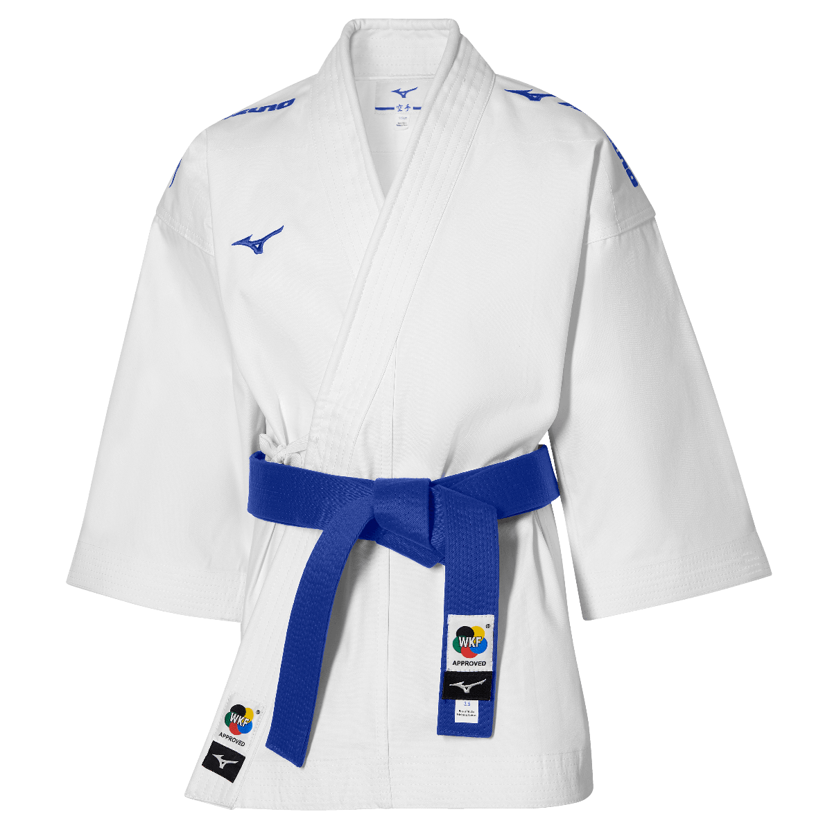 White Mizuno karate kimono jacket with blue WKF-approved belt, short kata cut, and embroidered logos for competition use.