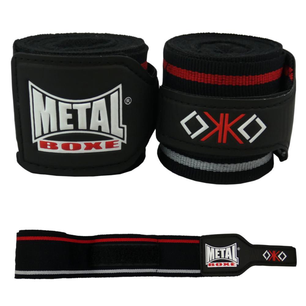 Black and red elastic boxing hand wraps Metal Boxe OKO with velcro closure for wrist protection and support, 350 cm length, pair