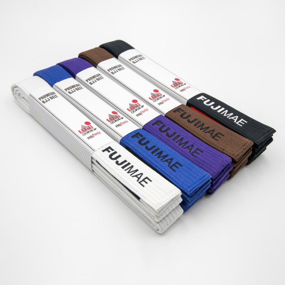 Set of FUJIMAE Brazilian Jiu Jitsu belts in white, blue, purple, brown, and black colors made of 100% cotton with durable, thick construction and 4 cm width.