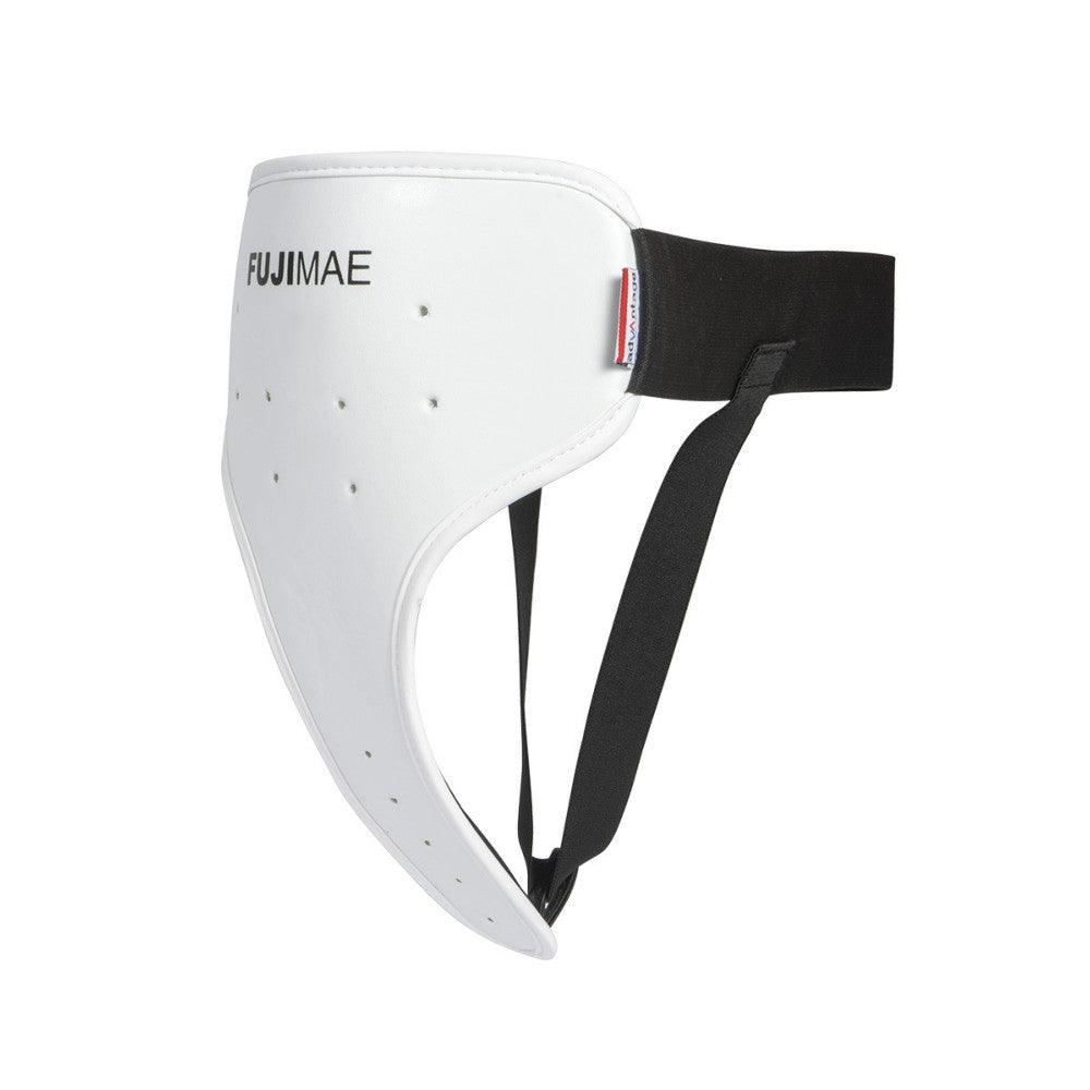 White FUJIMAE Advantage female pelvic protector with black adjustable elastic straps for martial arts training and competitions