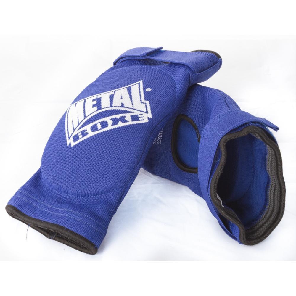 Blue Metal Boxe elbow protectors with logo, tubular design, elastic silicone bands, for boxing and MMA training
