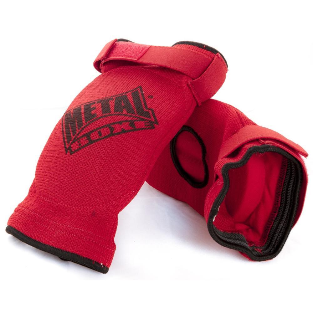 Red Coudières Metal Boxe protective elbow guards with black logo and elastic silicone bands for boxing and MMA training