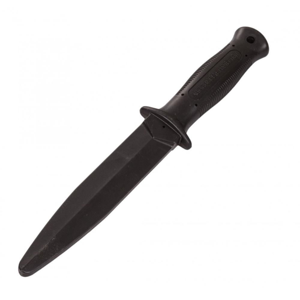 Black hard plastic training knife with safety blade and textured handle for martial arts practice