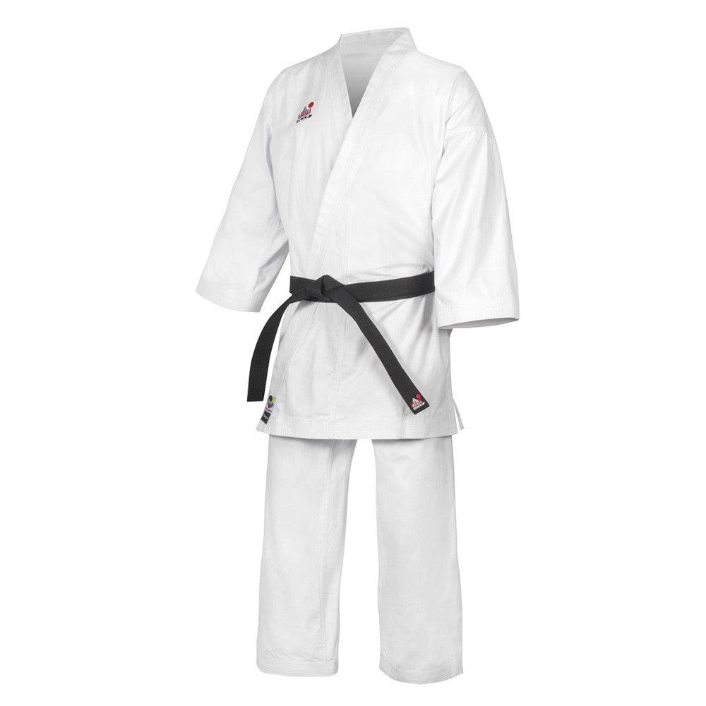 White FUJIMAE Budokan WKF Kata karate gi kimono with black belt, 100% cotton, designed for training and competition