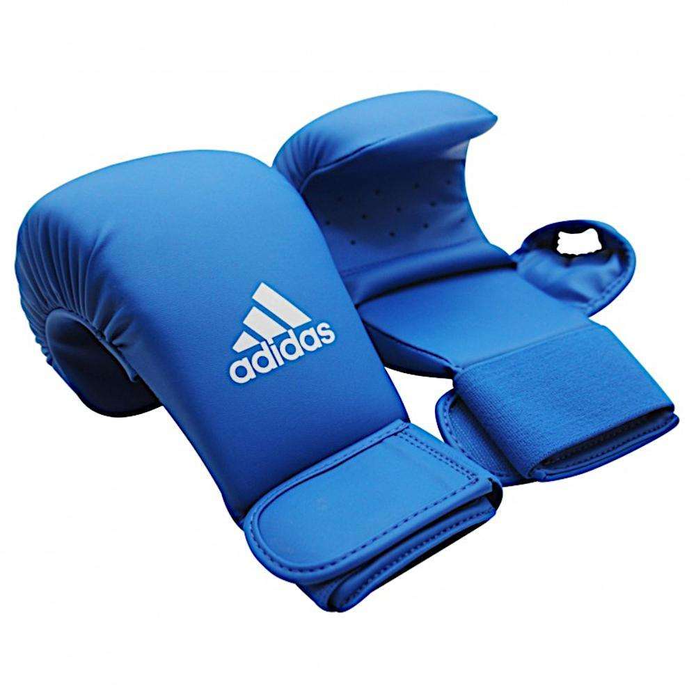 Blue Adidas Mitaines de Karaté with thumb protection and Velcro strap designed for karate training and competitions