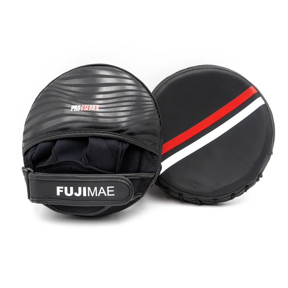 Pair of black Pattes d'Ours Micro FUJIMAE ProSeries 2.0 leather focus mitts with finger slots and velcro straps for combat training.