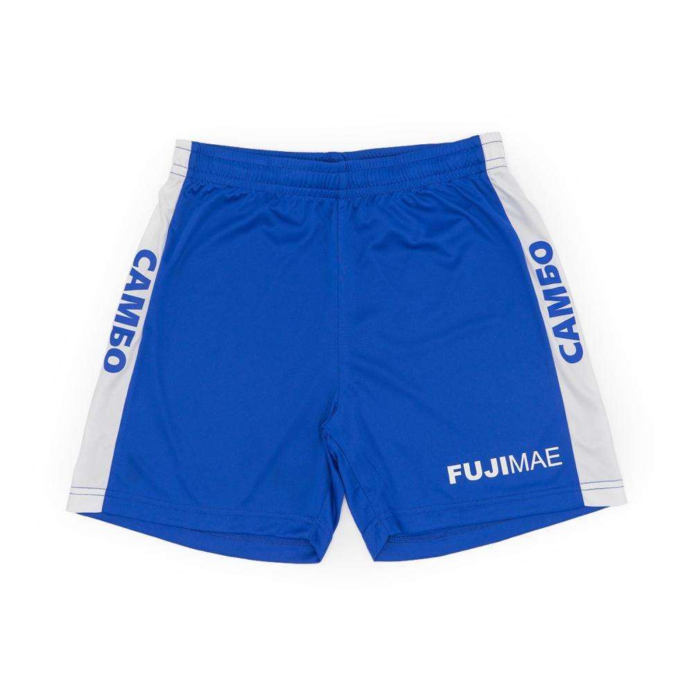 Blue FUJIMAE Sambo shorts with white side stripes and elastic waistband designed for lightweight durability and maximum movement