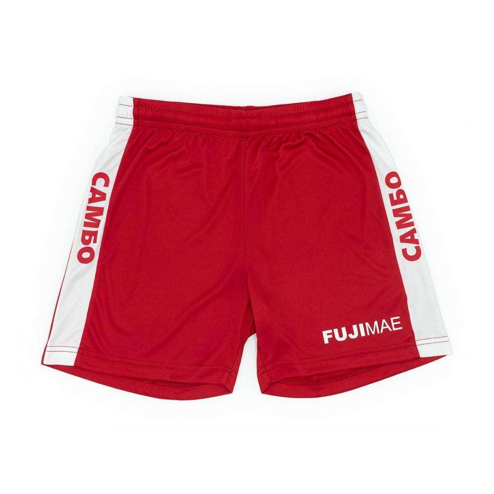Red Short Sambo FUJIMAE 2.0 with white side panels, elastic waistband, and reinforced seams for lightweight durability and maximum movement.