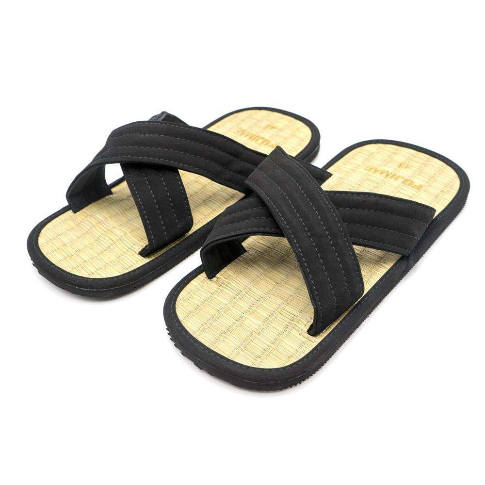 Pair of FUJIMAE rice straw zori sandals with black fabric straps and cushioned sole.