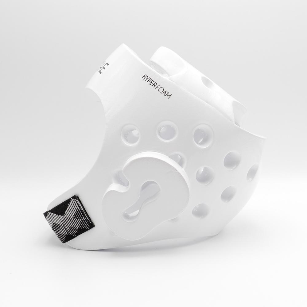 White Casque FUJIMAE Hyperfoam martial arts protective helmet with ventilation holes and adjustable chin strap