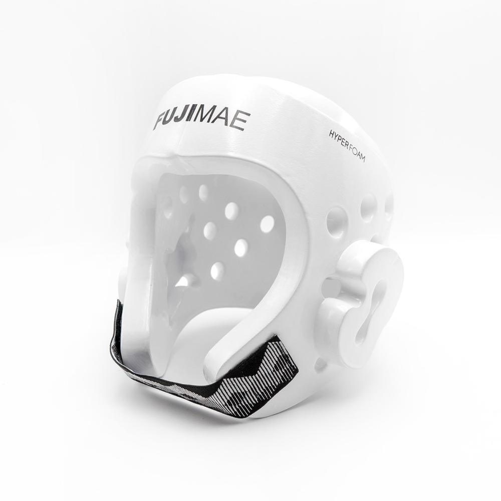 White FUJIMAE Hyperfoam protective martial arts helmet with ventilation holes and adjustable chin strap for Taekwondo and Karate training