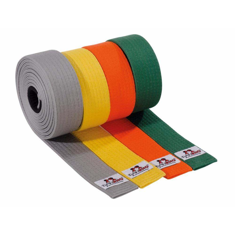 Colorful junior Jiu Jitsu Brazilian belts in gray, yellow, orange, and green by Danrho, made of durable 100% cotton for children practitioners