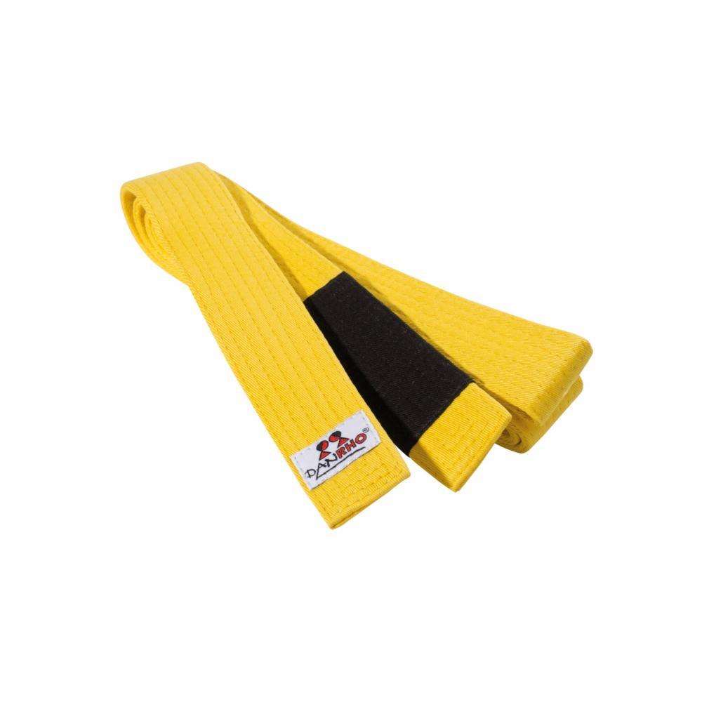 Yellow junior Jiu Jitsu belt made of 100% cotton with reinforced stitching, suitable for children practicing Brazilian Jiu Jitsu by Danrho.