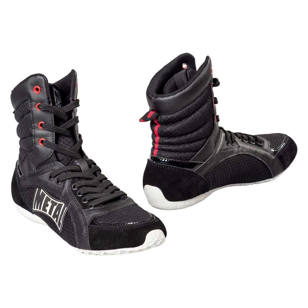 Black Metal Boxe Viper IV mid-top synthetic leather and mesh boxing shoes with enhanced stability and grip, available in sizes 37 to 47.