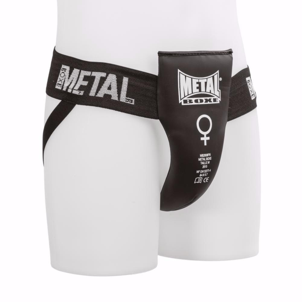 Black Metal Boxe anatomical female groin protector with adjustable elastic straps for martial arts and combat sports