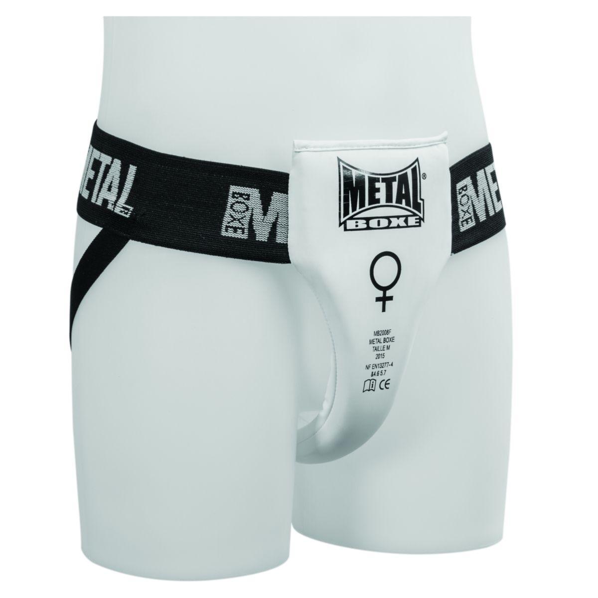 White semi-pro women's groin protector by Metal Boxe with elastic waistband and PU exterior