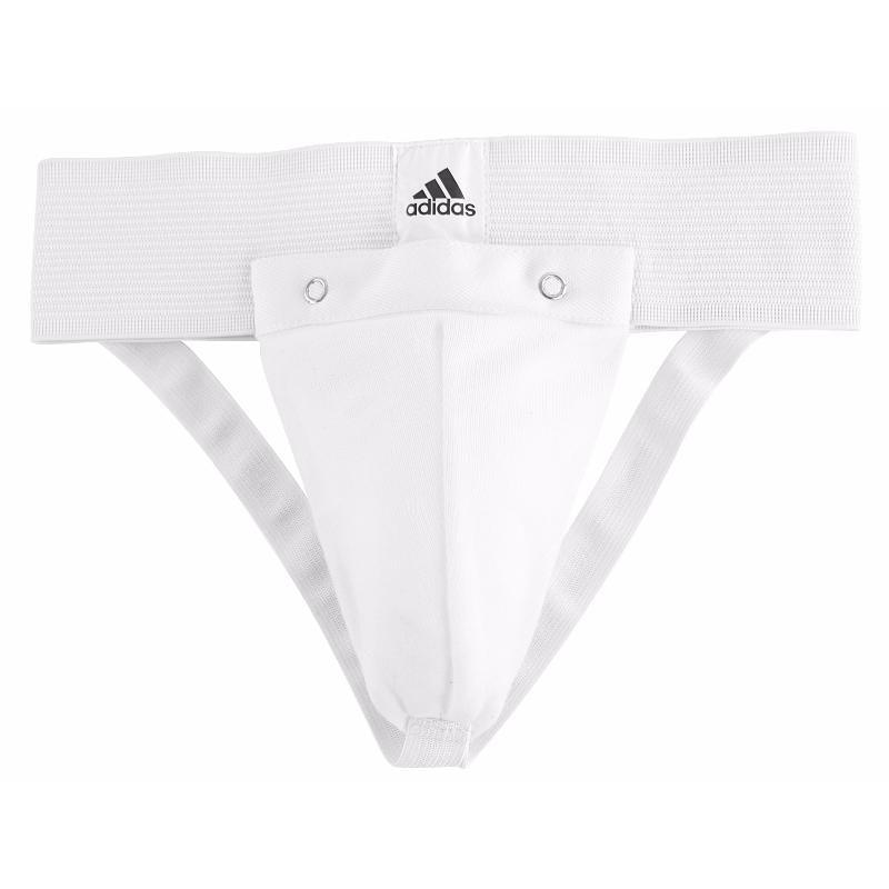 White Adidas men's protective athletic cup with breathable polycotton jockstrap and removable plastic cup for combat sports training.