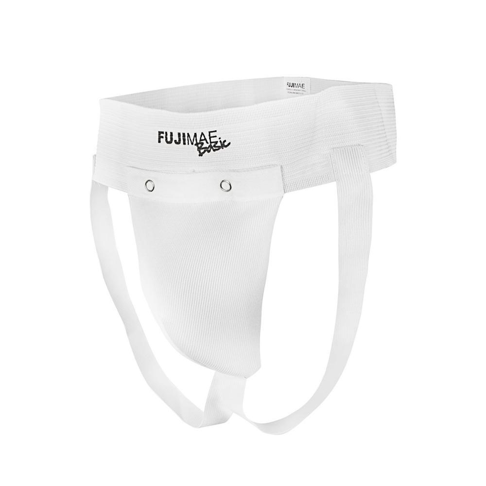 White Coquille Homme Basic FUJIMAE martial arts protective groin guard with elastic straps and clip closure