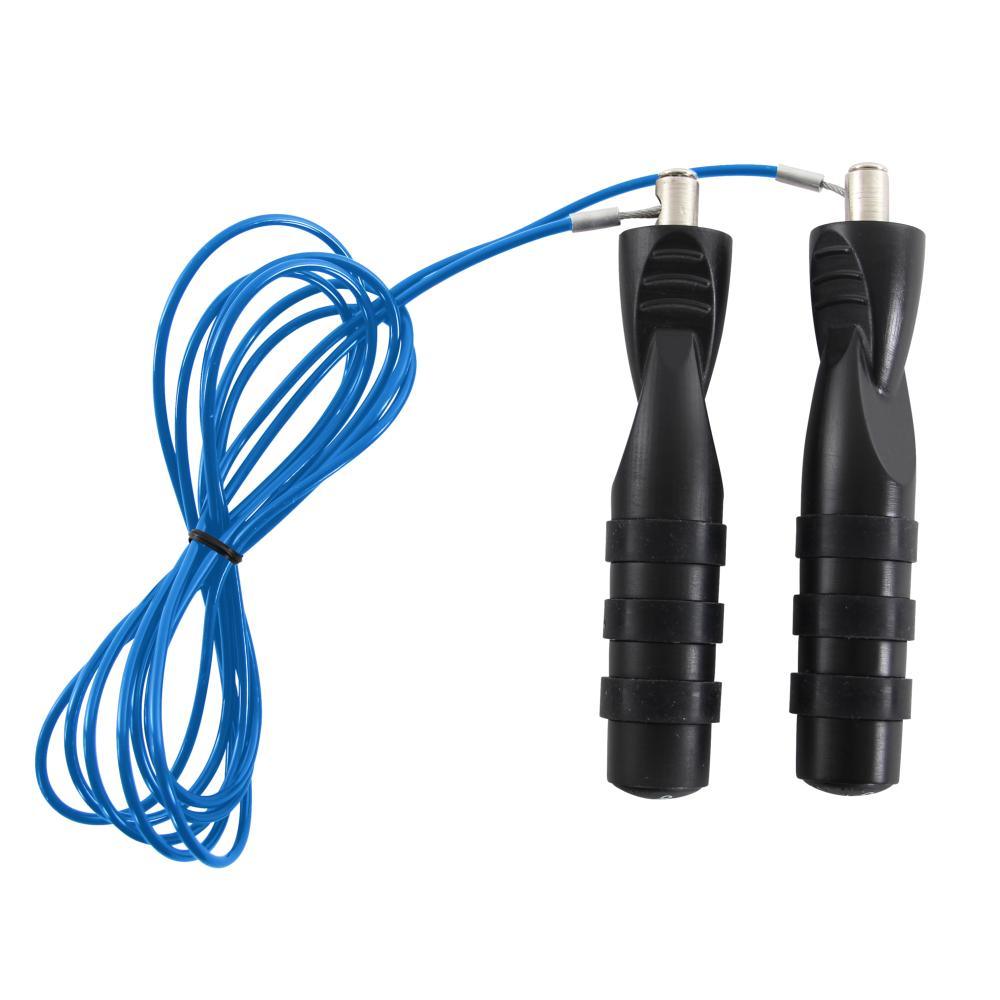 Blue cable jump rope with black ergonomic aluminum handles, Adidas Pro design, ball bearing rotation system.