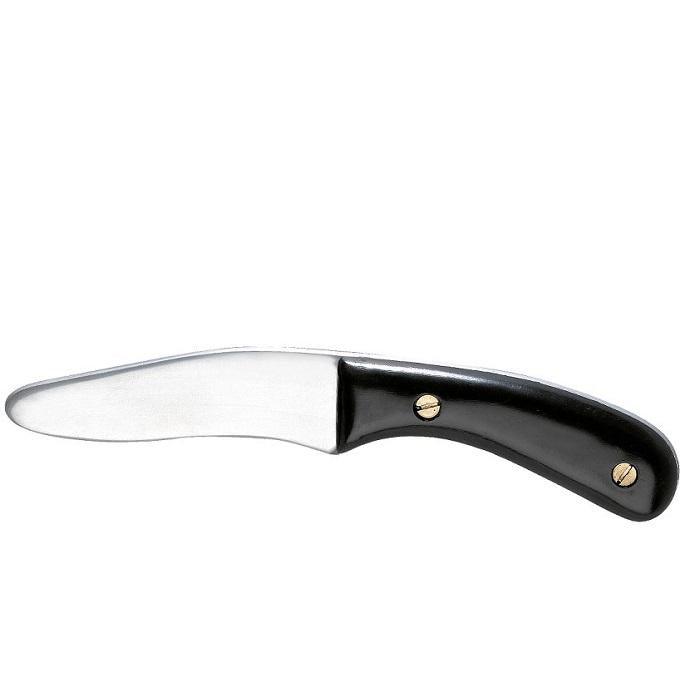 Short black and silver aluminum training knife with rounded tip for martial arts practice