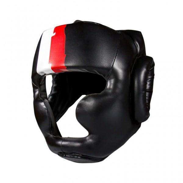 Casque de boxe intégral FUJIMAE Basic noir en PU avec mousse injectée, protection pommettes, oreilles et menton, ajustement Velcro et lacet, tailles S à XL.