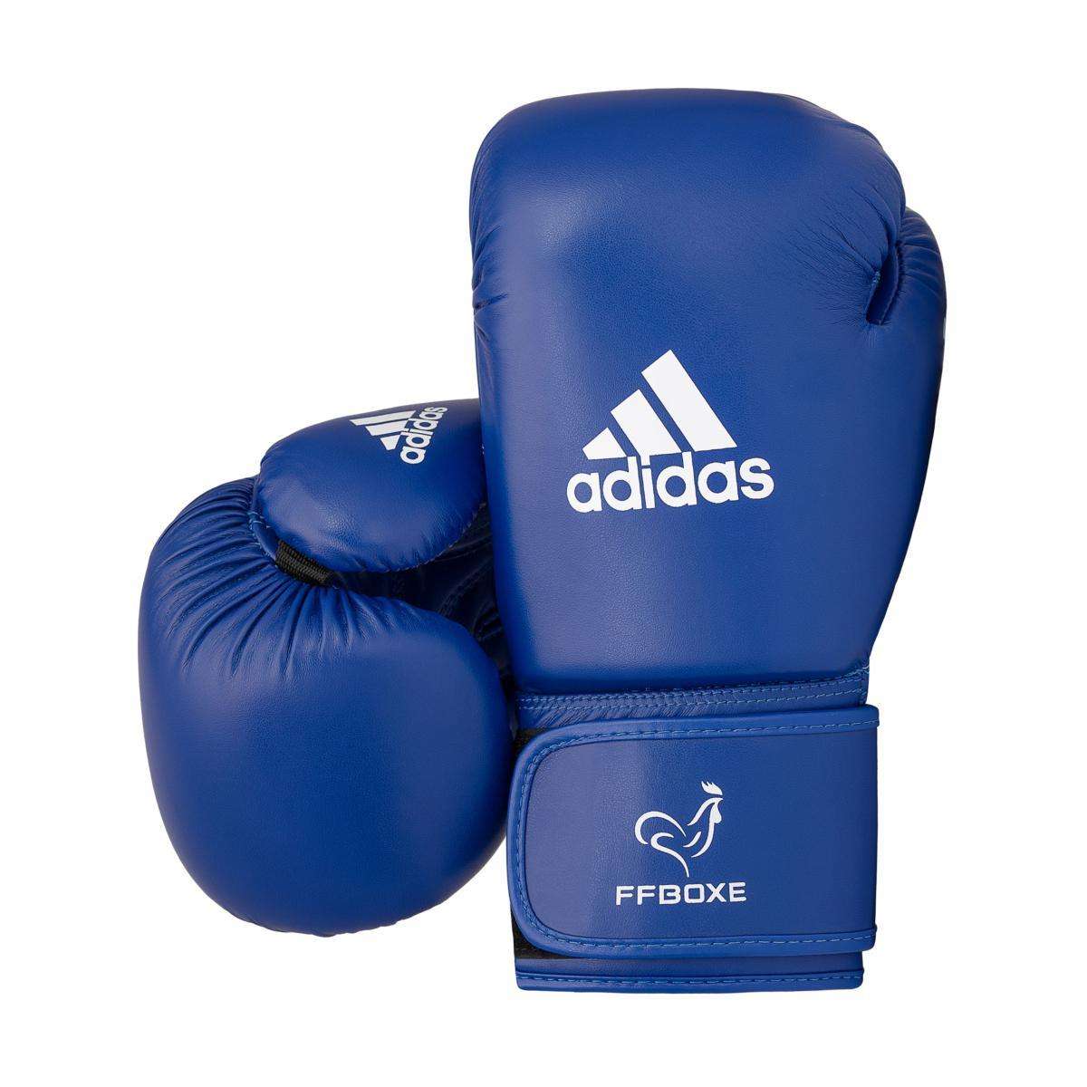Gants de boxe amateur FFB Adidas bleu en PU approuvés IBA avec mousse IMF et fermeture scratch