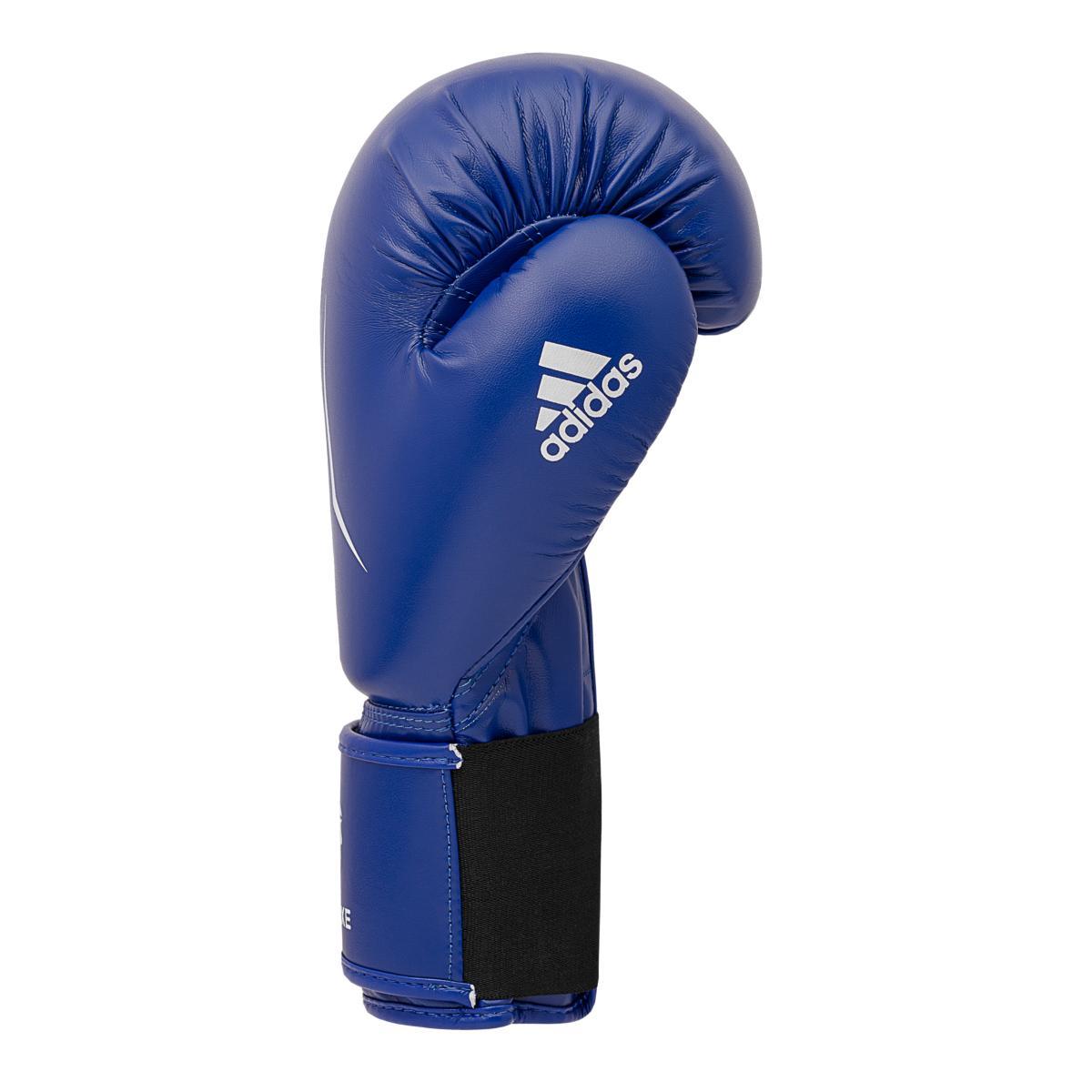 Blue Adidas educational boxing glove with black wrist strap and white logo