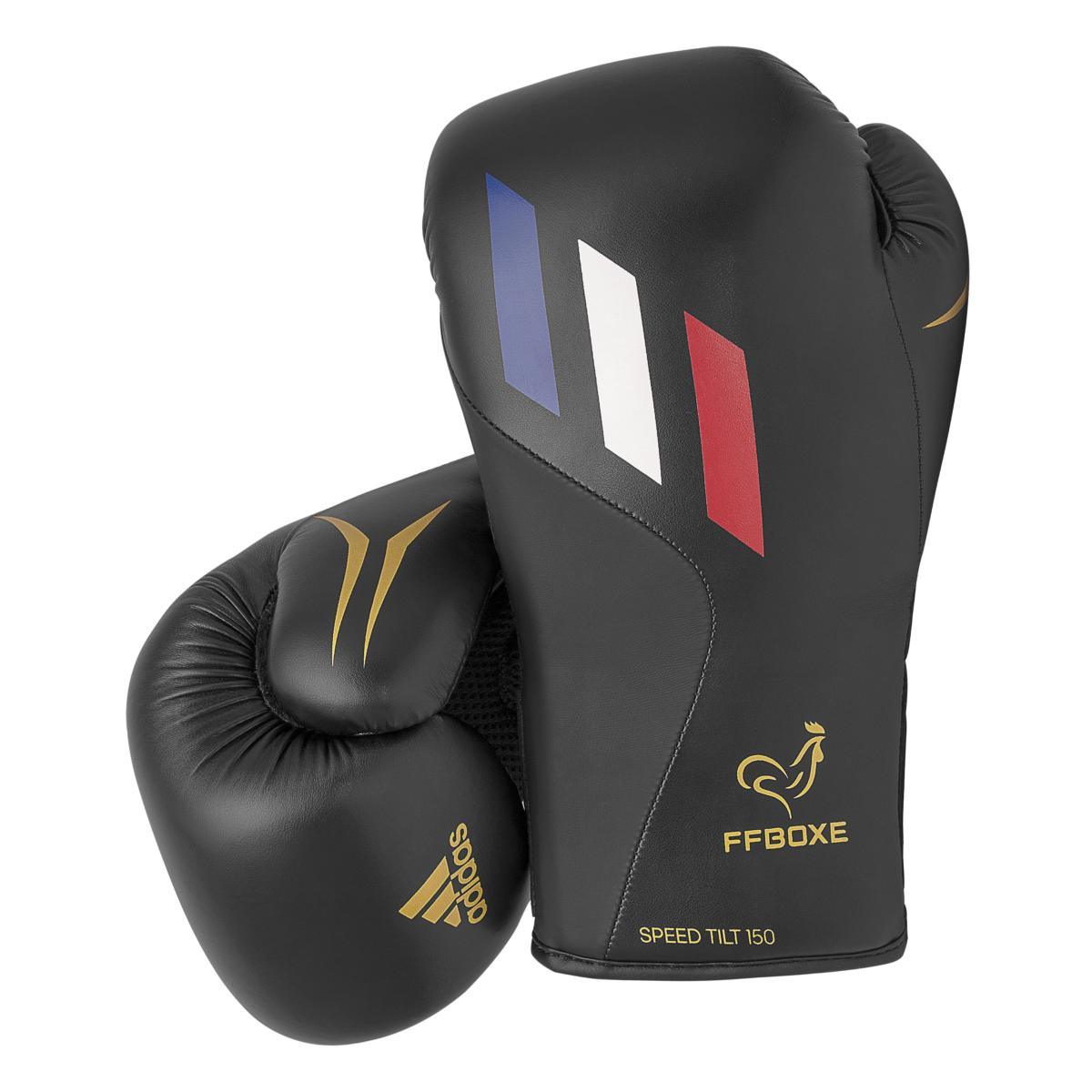 Black Adidas TILT 150 FFBoxe training boxing gloves with French flag design and gold logos