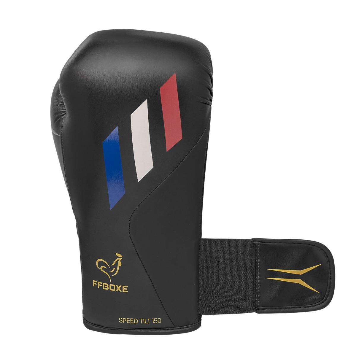 Black adidas training boxing glove with French flag stripes and velcro strap, designed with Tilt System and Climacool technology for comfort and protection.