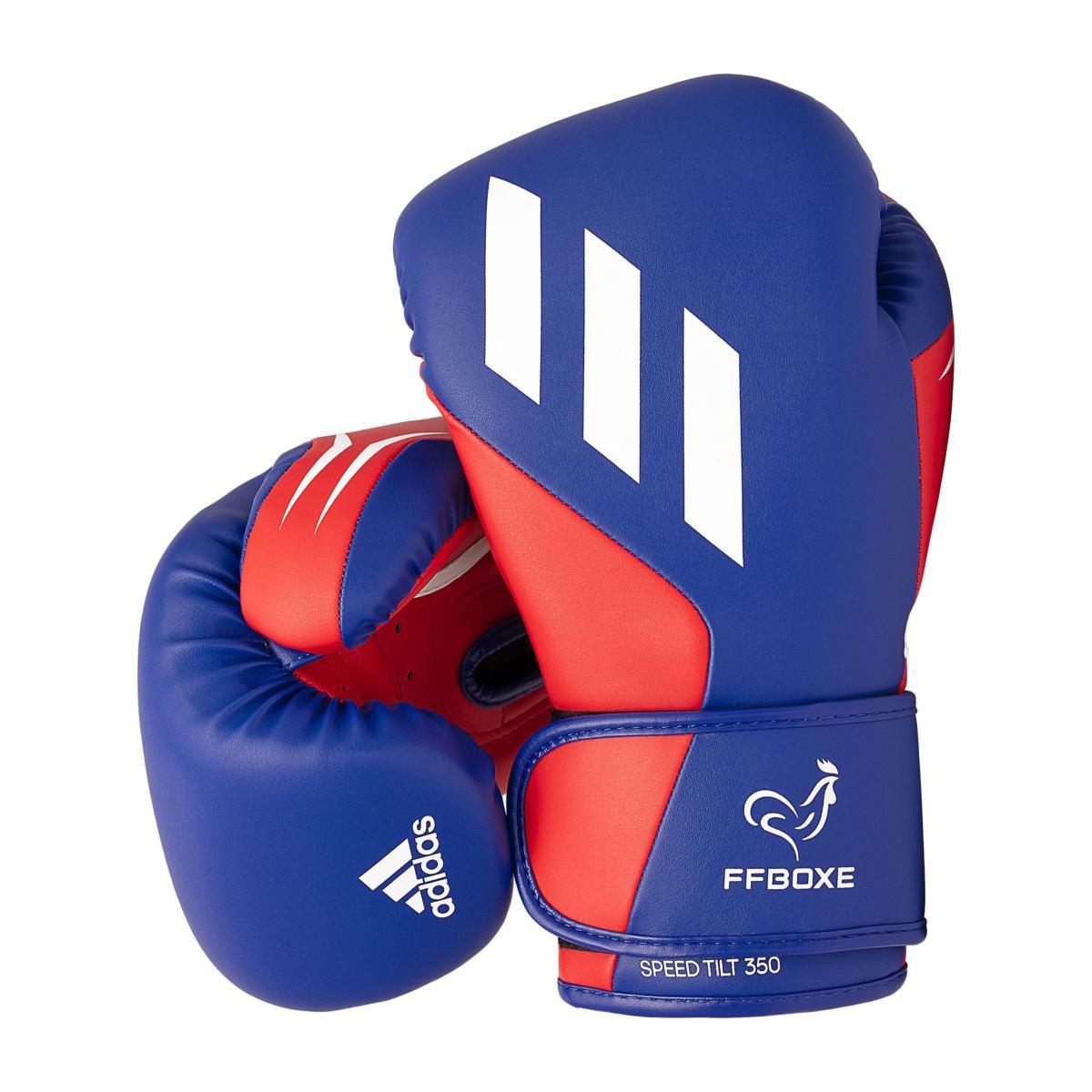 Blue white and red Adidas Gants de Boxe FFB vegan cactus leather boxing gloves with Velcro strap