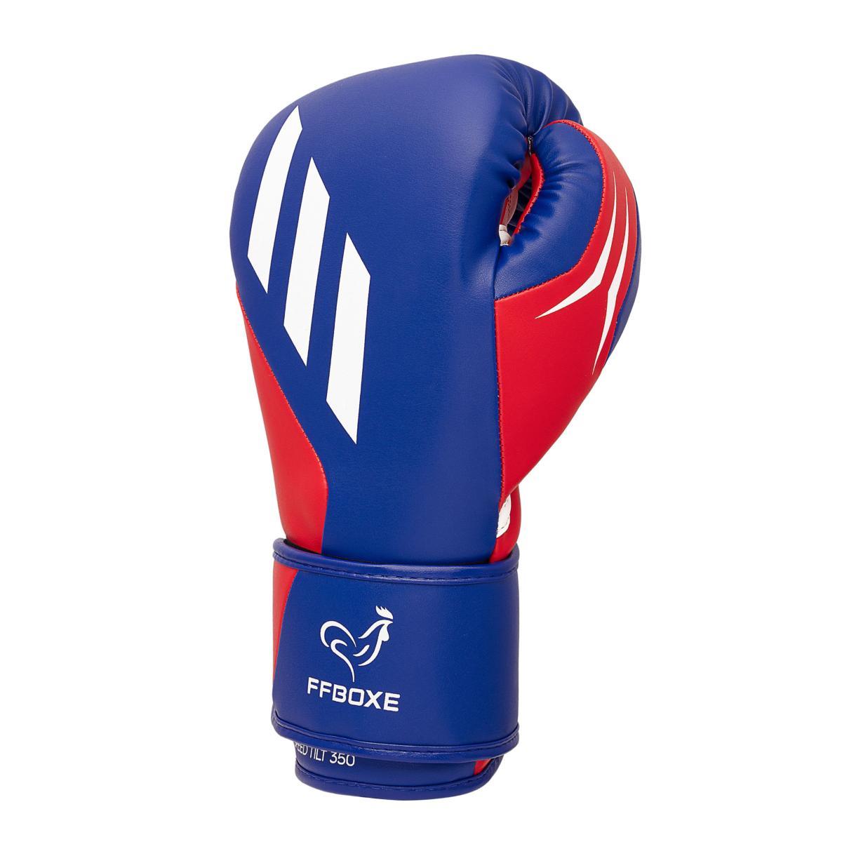 Blue, white, and red Adidas Gants de Boxe FFB vegan boxing glove with velcro strap and memory foam padding