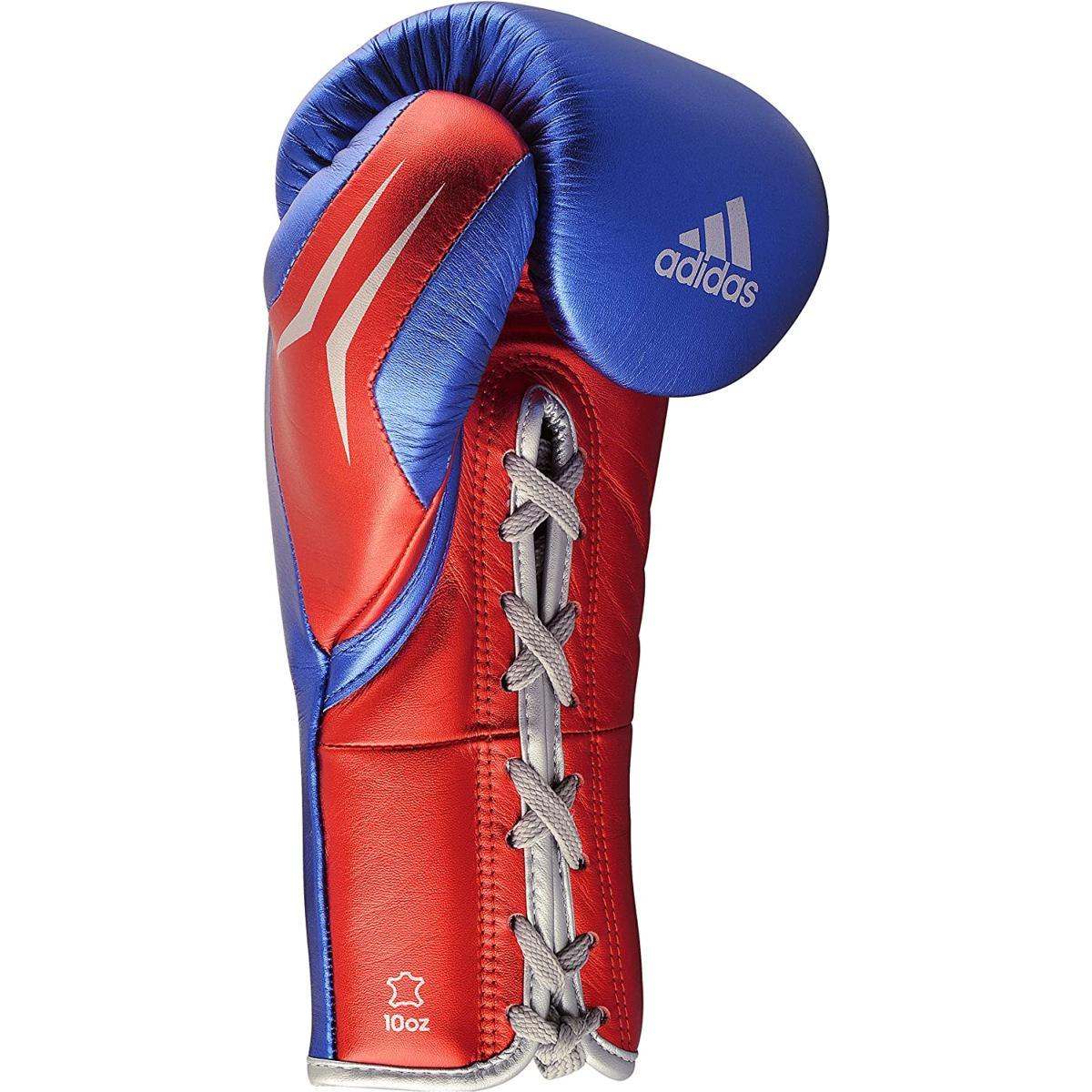 Gants de boxe Pro Adidas Speed Tilt 750 à lacets rouges et bleus pour combats professionnels.