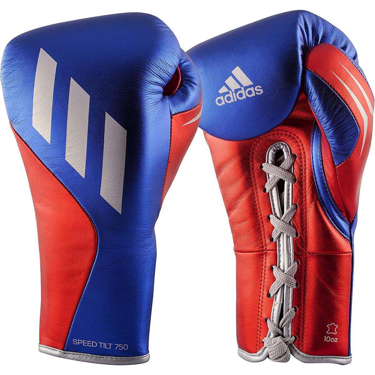 Gants de boxe Pro à lacets Adidas Speed Tilt 750 en cuir de vachette, rouge et bleu, avec technologie Tilt System pour combats professionnels.